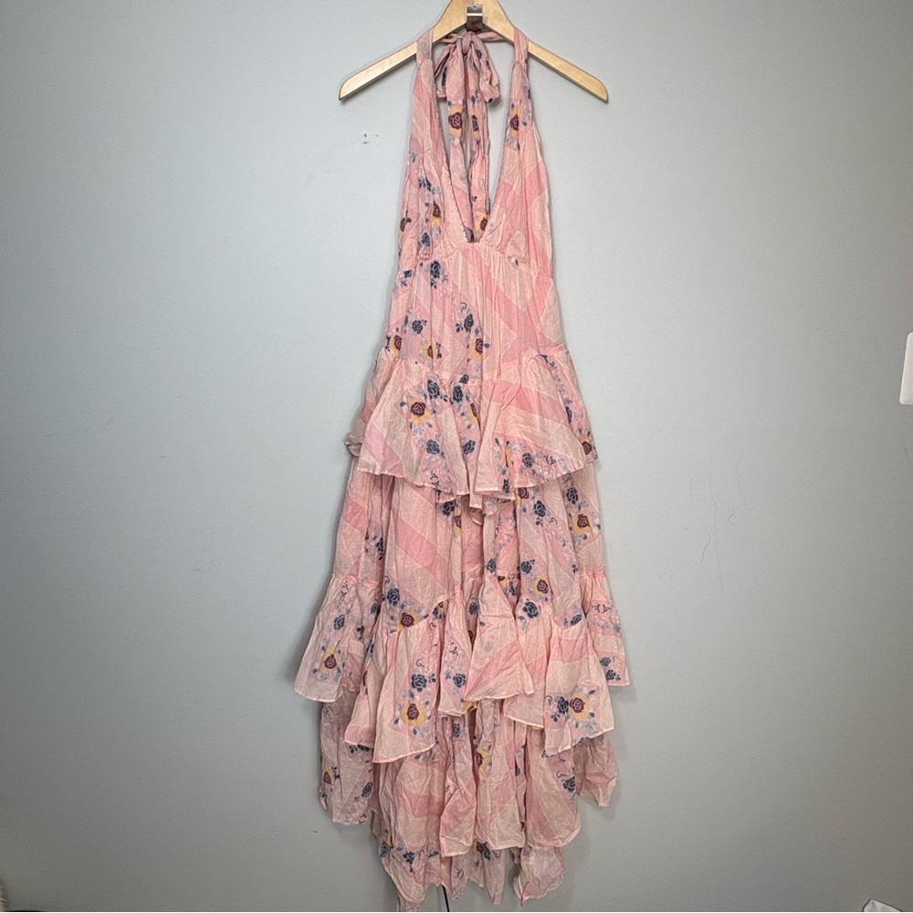 New Free People Stop Time Maxi Dress Sz M Halter Coquette Pink Cotton Tiered - Picture 3 of 15